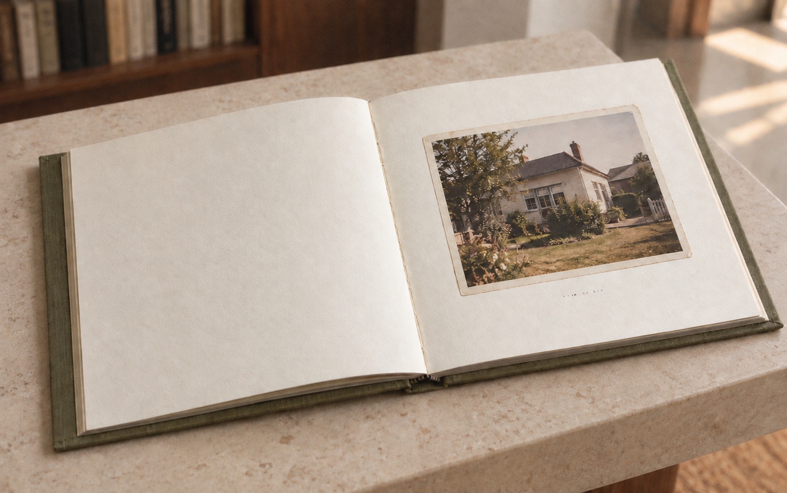 Illustrative open clothbound family book on pale limestone in a quiet modernist library.