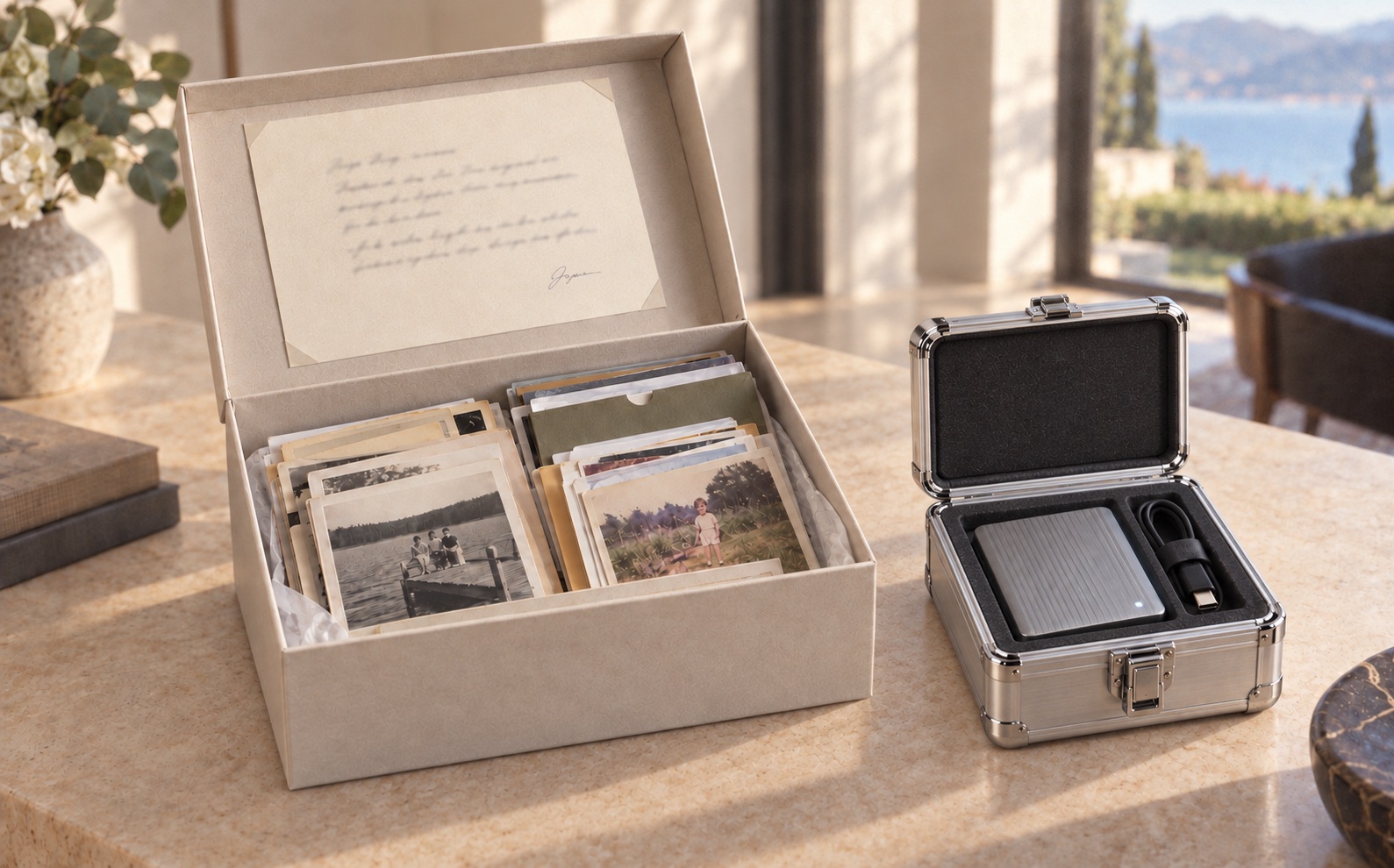 Illustrative family archive box beside a smaller aluminium case containing one external hard drive.
